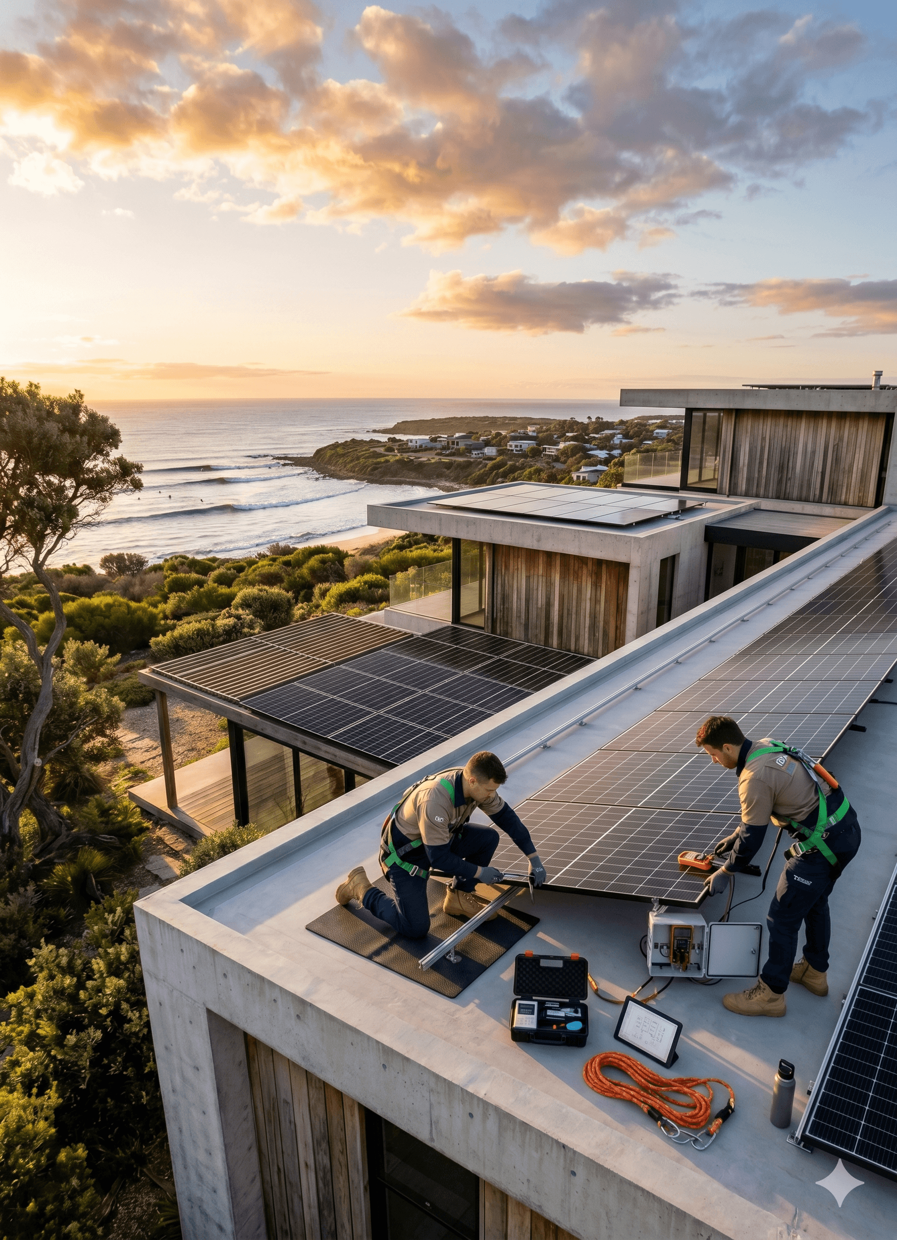 Rooftop solar panels on an Australian home at golden hour